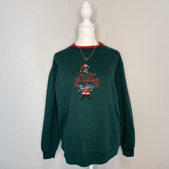 Vintage Sweaters - Vintage Christmas Sweater - Green with Red Double Collar women’s Petite Large